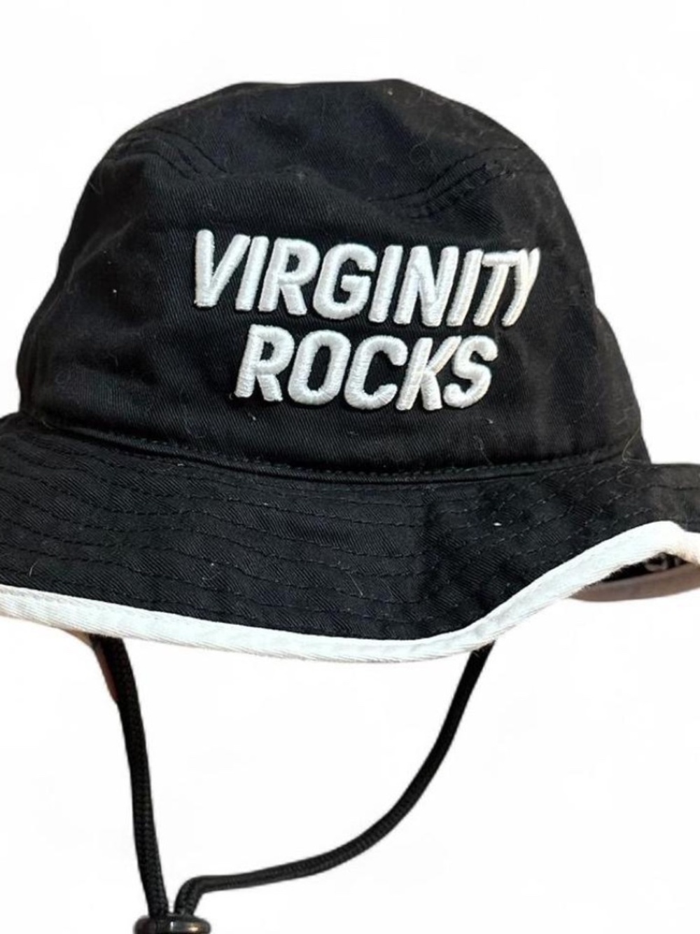 Virginity Rocks Black & white bucket hat with adjustable strap